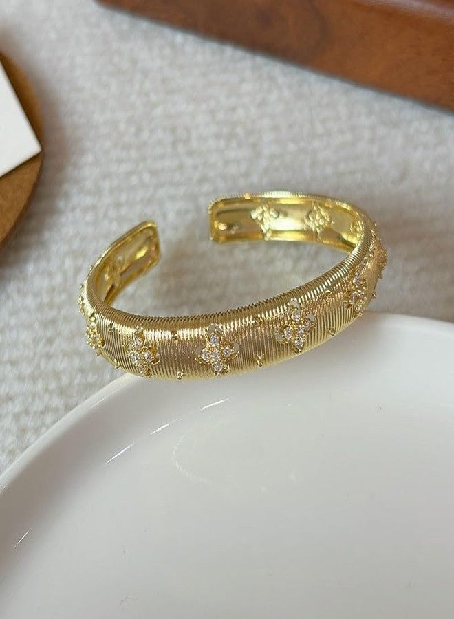 sunglnl Gold Bracelets for Women, Silver Gold Stripe Bangle Bracelet Cuff Flower Shaped With Simulated Diamond Trendy Mixed Metal Open Gift for Mom Her Jewelry (Gold Flower) - Image 4